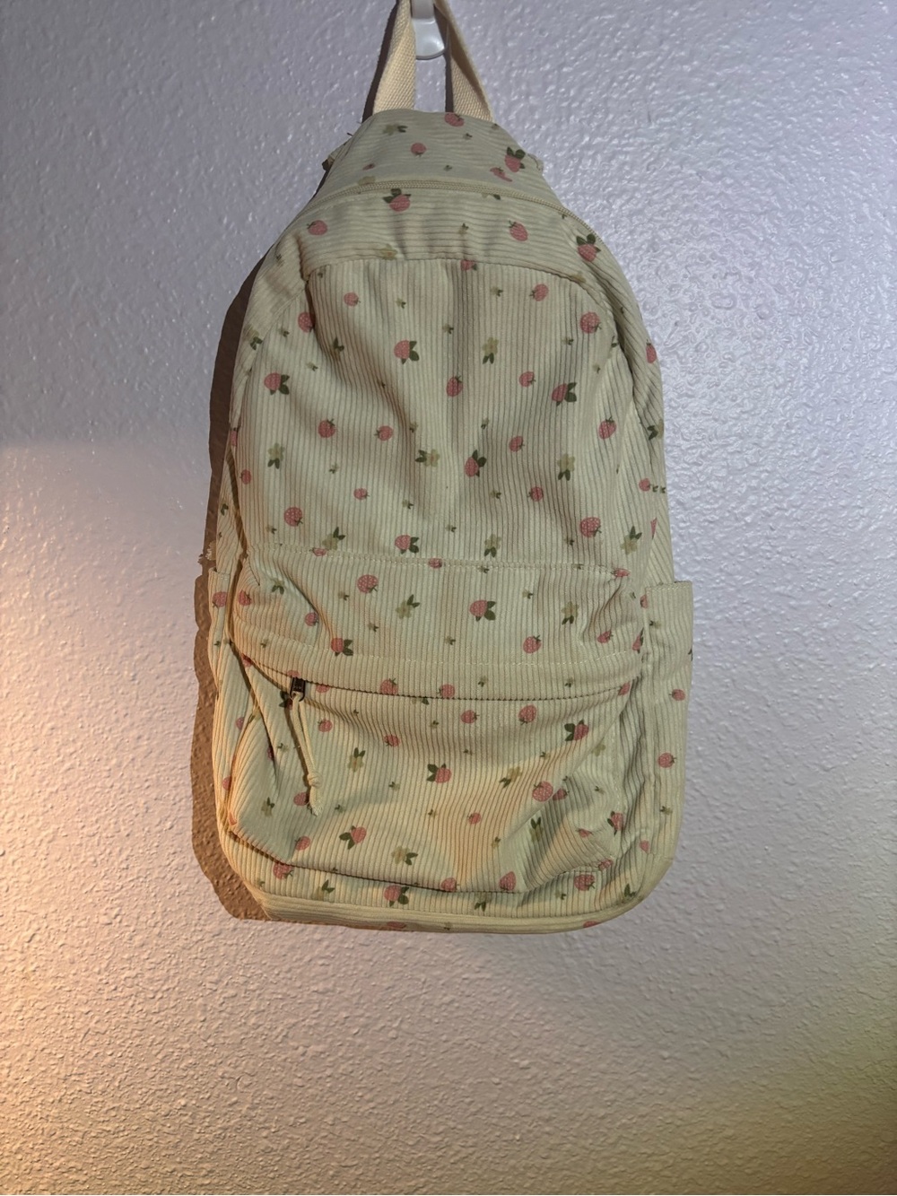 Floral Cream Backpack with Pink Strawberry Print 🍓